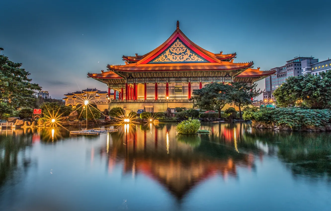 Фото обои пруд, отражение, здание, Тайвань, Тайбэй, Taiwan, Taipei, Мемориальный зал Чан Кайши
