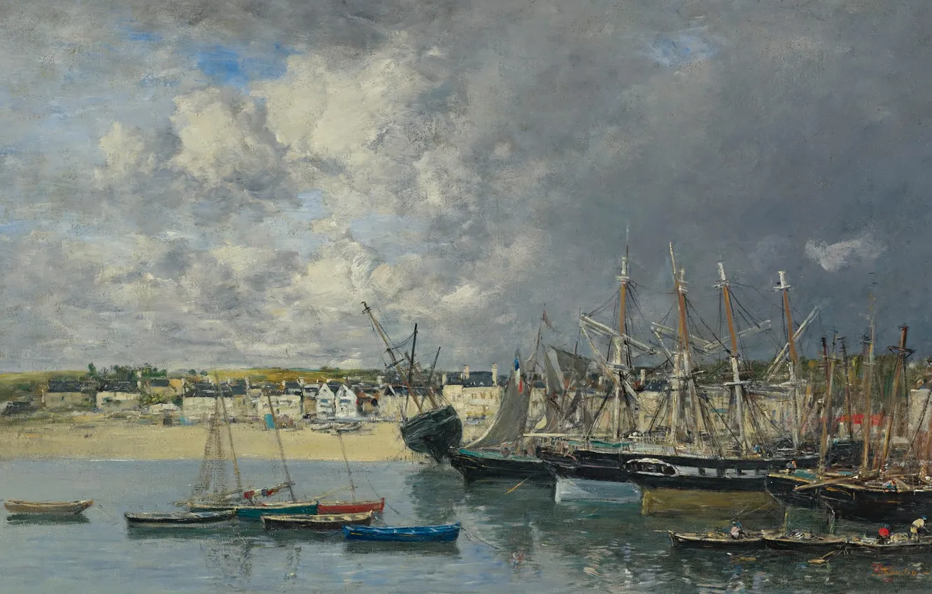 Фото обои корабли, картина, лодки, порт, Эжен Буден, Eugene Boudin, Boats at the Port of Ancre