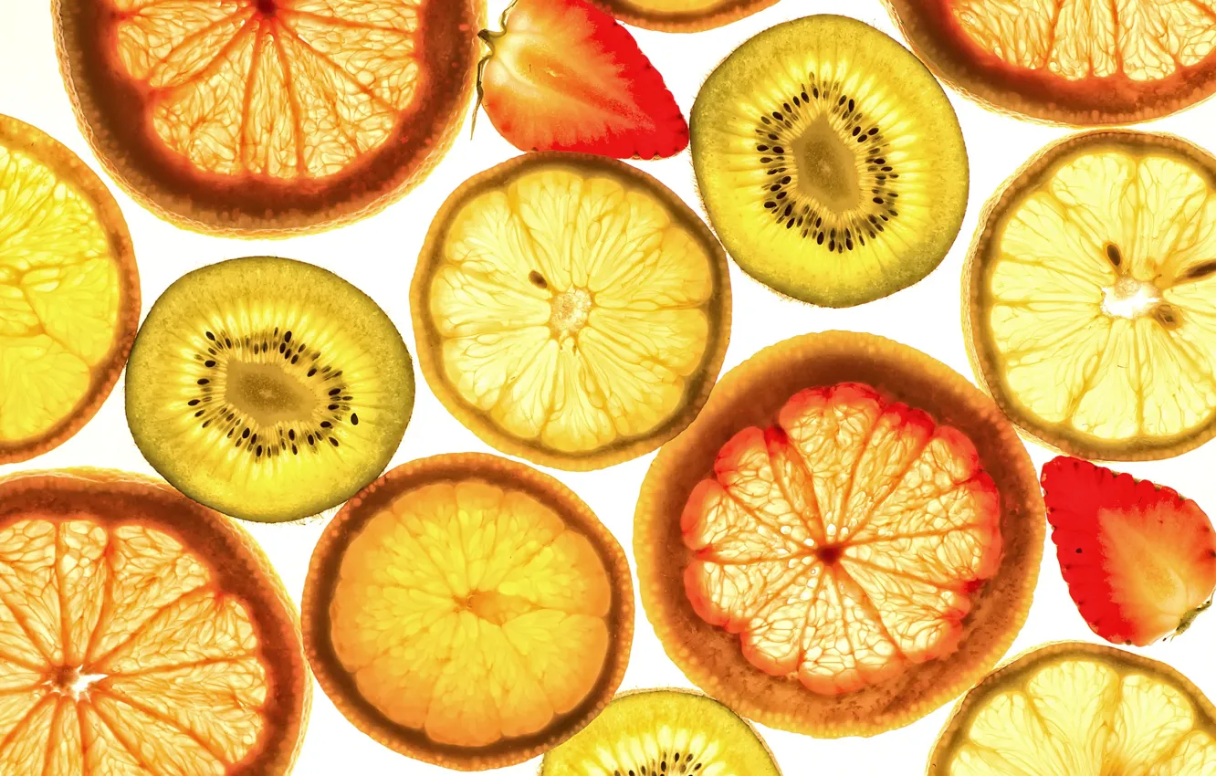 Фото обои макро, лимон, апельсин, киви, клубника, фрукты, дольки