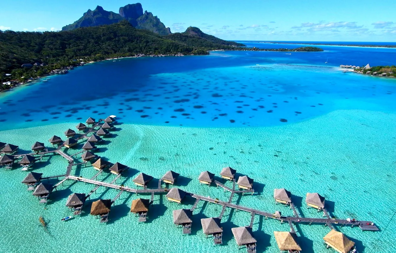 Фото обои resort, french polynesia, bora-bora, tahiti, water villas, bungalows
