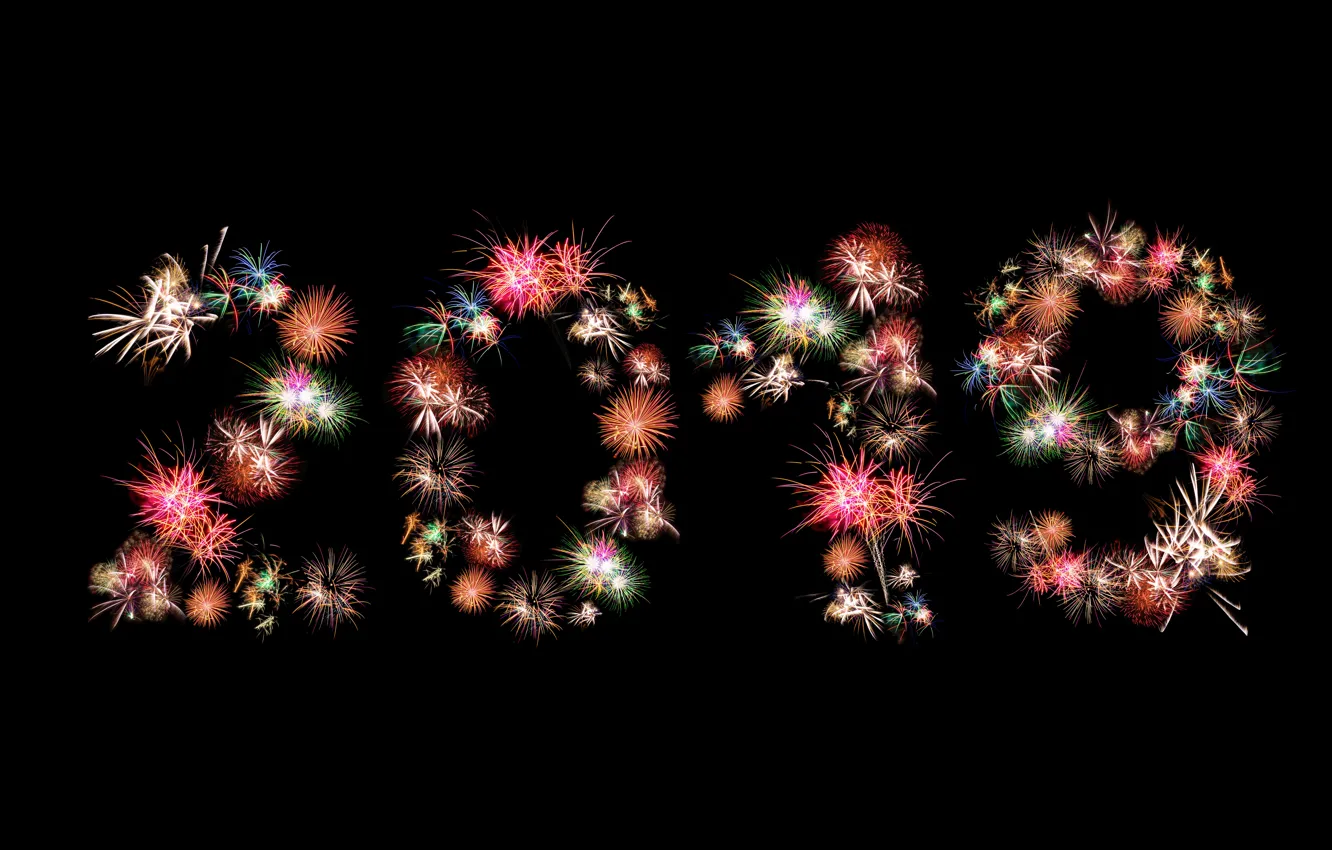 Фото обои салют, colorful, Новый Год, цифры, черный фон, background, New Year, fireworks