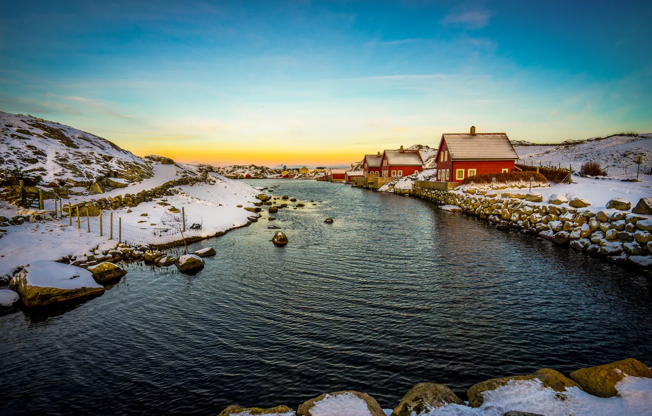 Фото обои house, sunset, village, pond