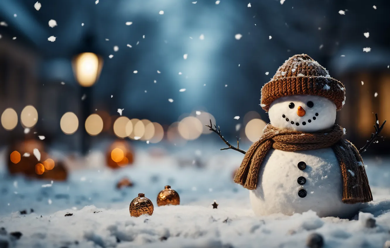 Фото обои зима, снег, Рождество, Новый год, снеговик, Christmas, winter, snow