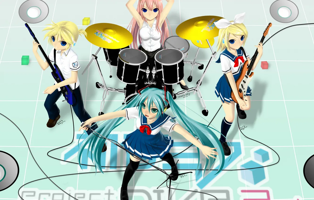 Фото обои музыка, аниме, арт, барабаны, Vocaloid, Вокалоид, персонажи