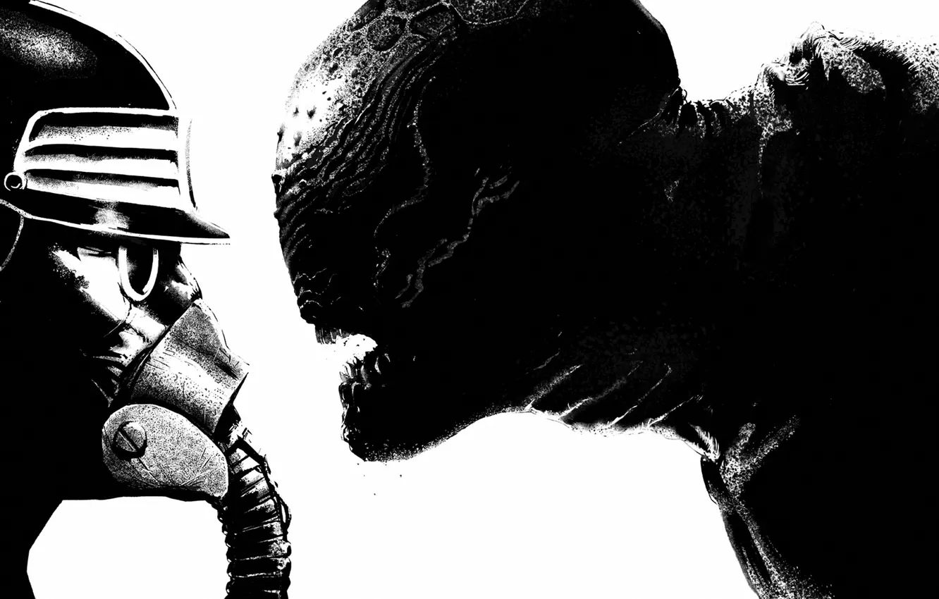 Фото обои лицо, фантастика, монстр, маска, арт, противогаз, шлем