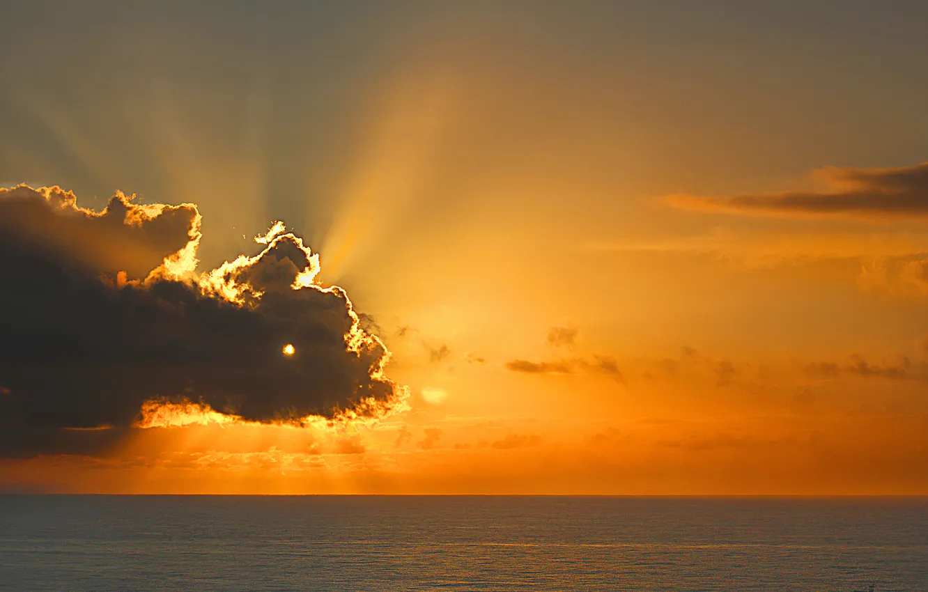 Фото обои море, небо, солнце, облака, закат, горизонт