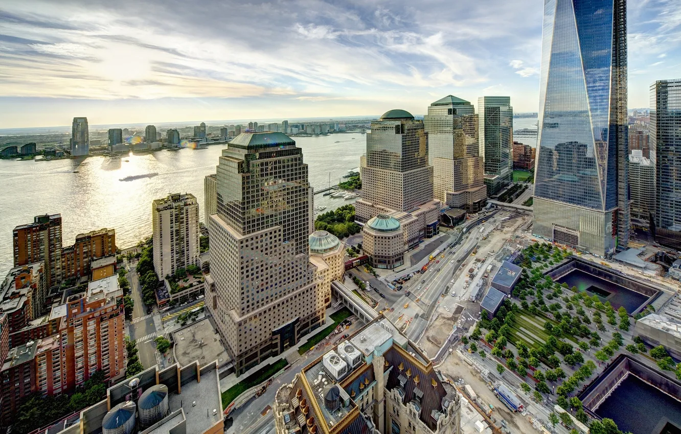 Фото обои здания, Нью-Йорк, панорама, Манхэттен, Manhattan, New York City, Hudson River, река Гудзон