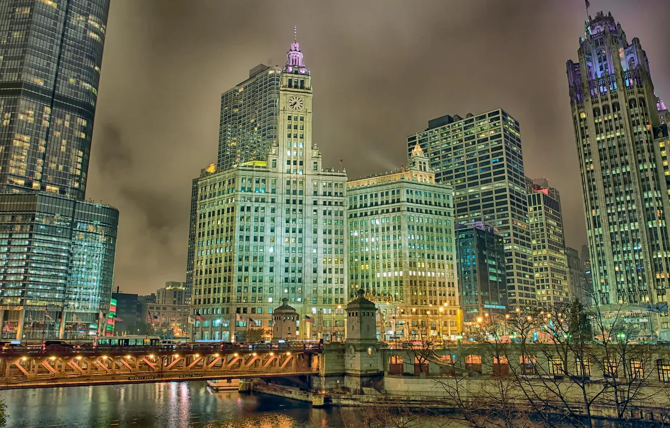Фото обои ночь, город, огни, река, небоскребы, Чикаго, Иллиноис