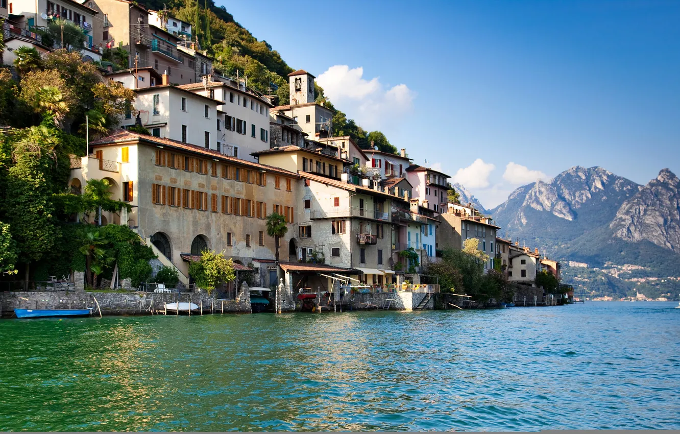 Фото обои пейзаж, горы, озеро, берег, дома, лодки, Швейцария, St. Moritz
