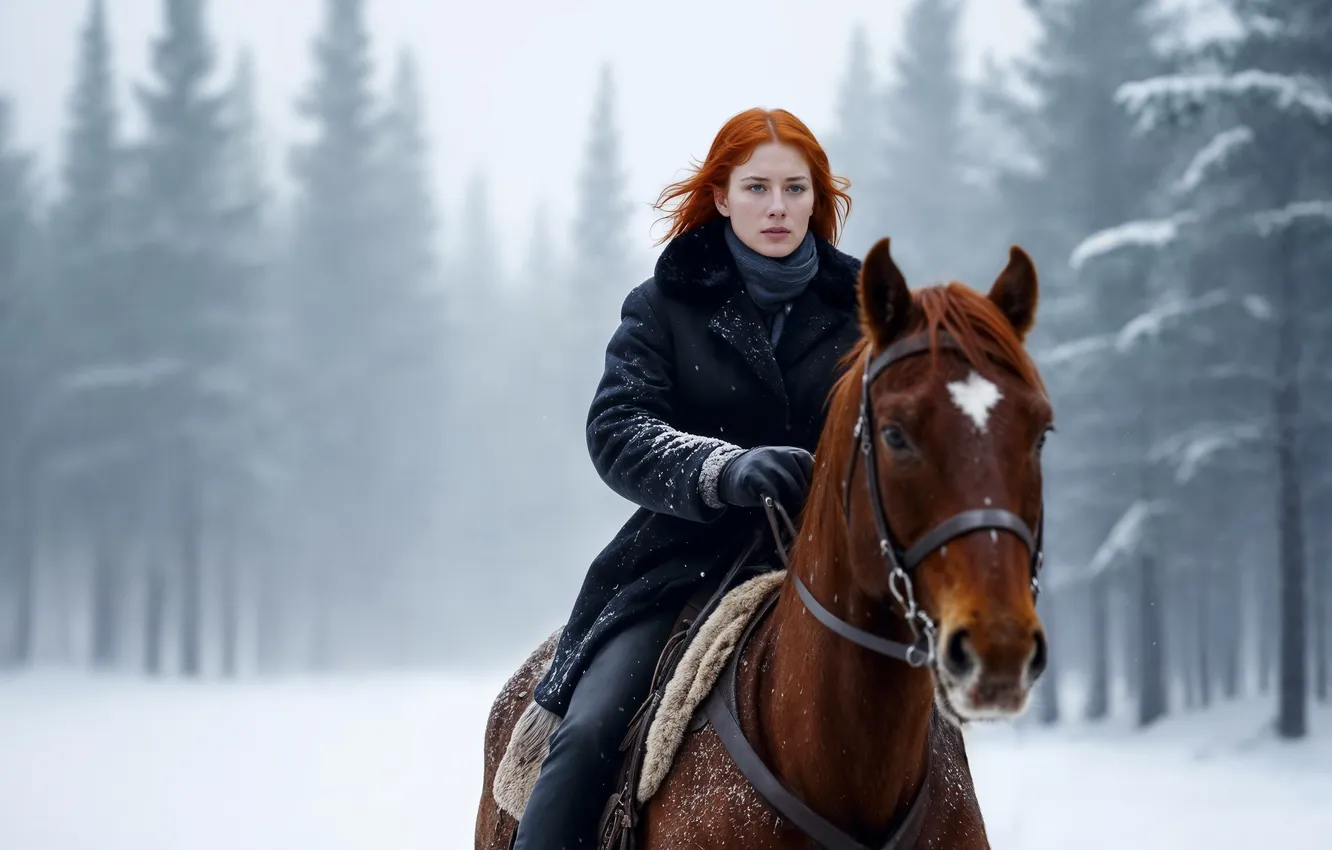 Фото обои girl, winter, redhead, horse