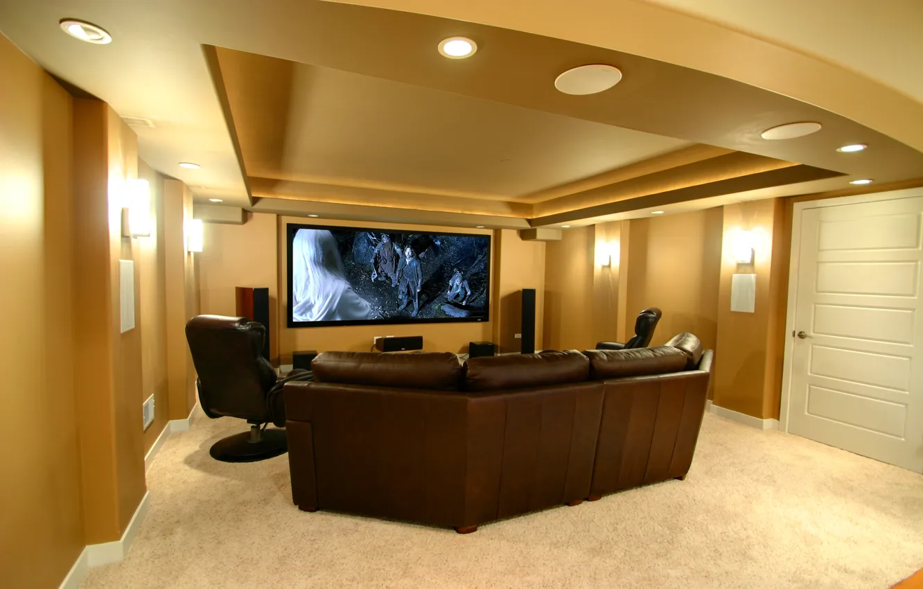 Фото обои диван, телевизор, кресла, кинотеатр, interior, home, sofa, домашний