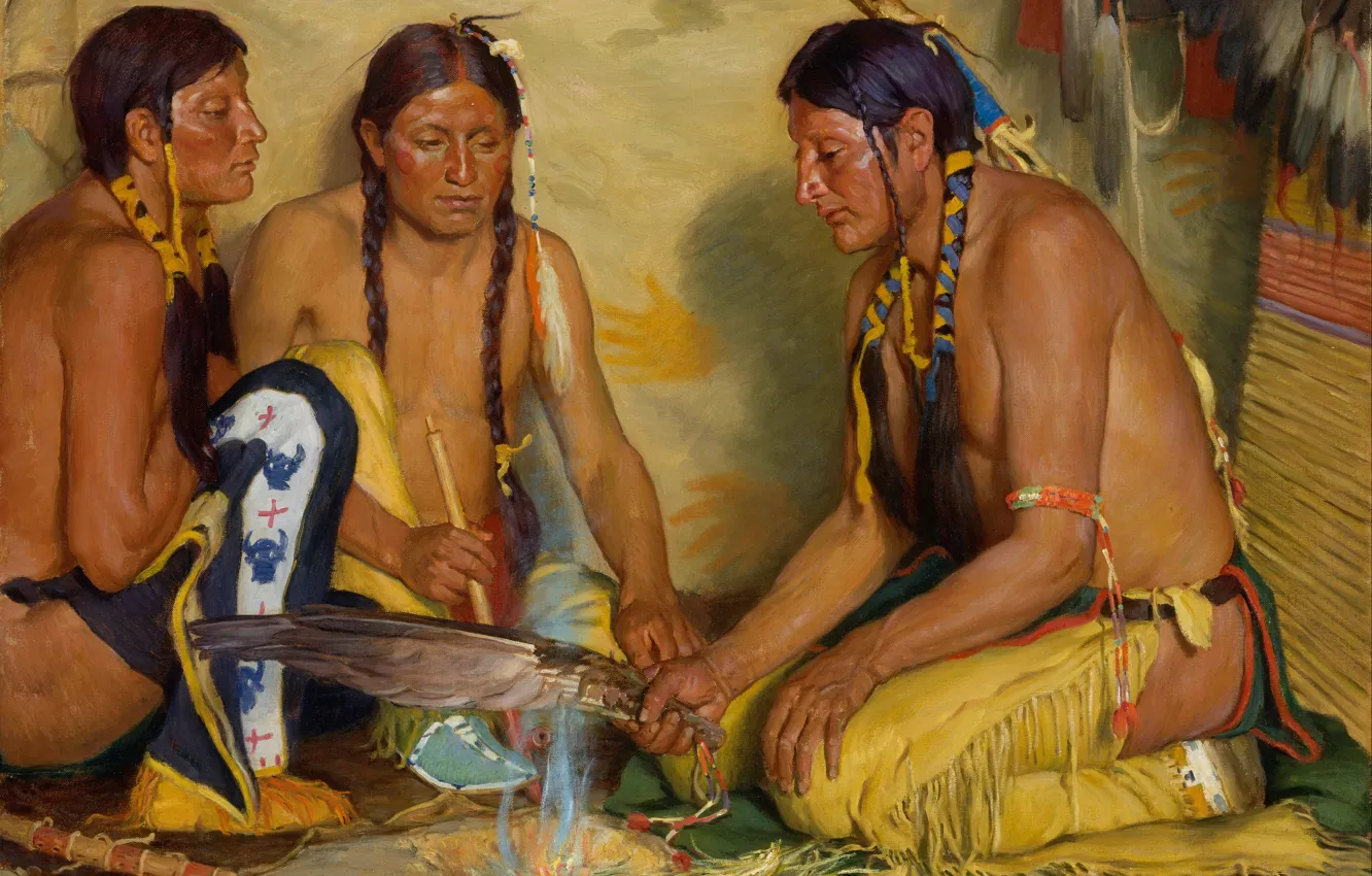 Фото обои Joseph Henry Sharp, Grass Medicine, Making Sweet, Blackfoot Ceremony