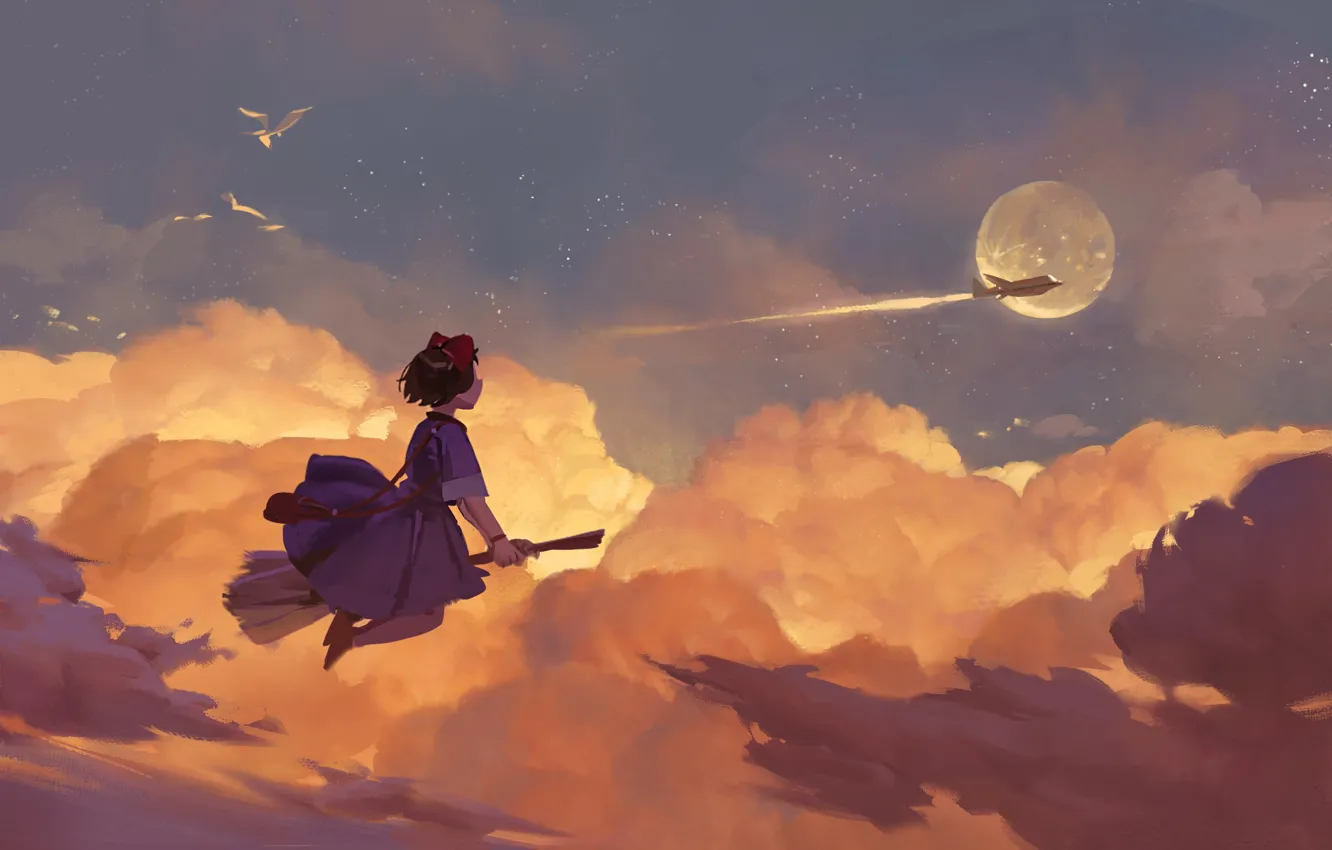 Фото обои небо, девушка, самолет, луна, чайки, фэнтези, Kiki, Majo no Takkyuubin