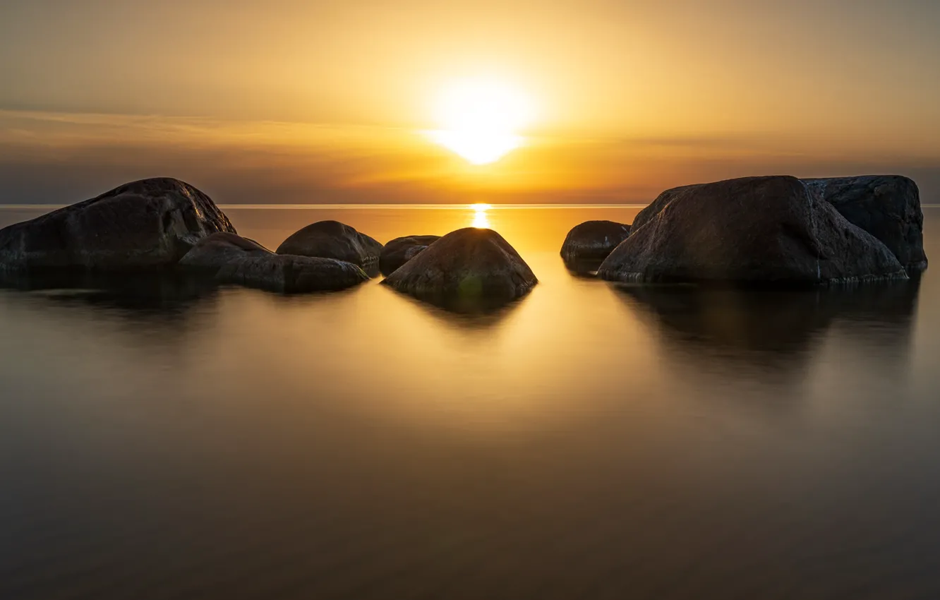 Фото обои ocean, sunset, rocks