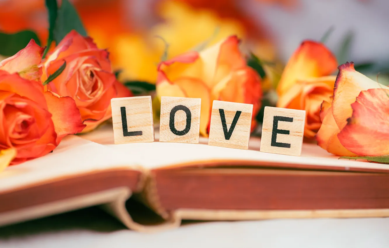 Фото обои любовь, цветы, буквы, праздник, кубики, розы, букет, книга
