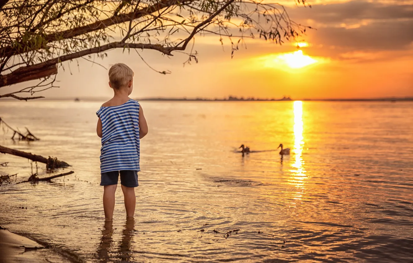 Фото обои пейзаж, закат, природа, озеро, мальчик, ребёнок, Регина Гущина