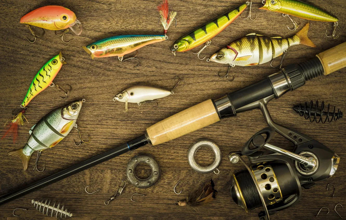Фото обои рыбки, фон, рыбалка, поплавок, удочка, крючки, снасти, леска