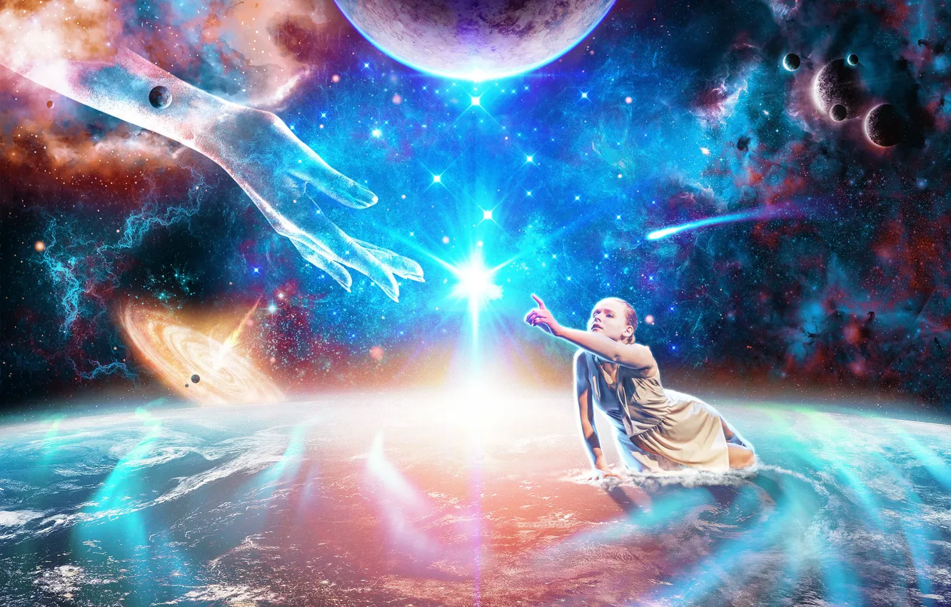 Фото обои девушка, космос, звезды, свет, земля, планеты, чувства, рука