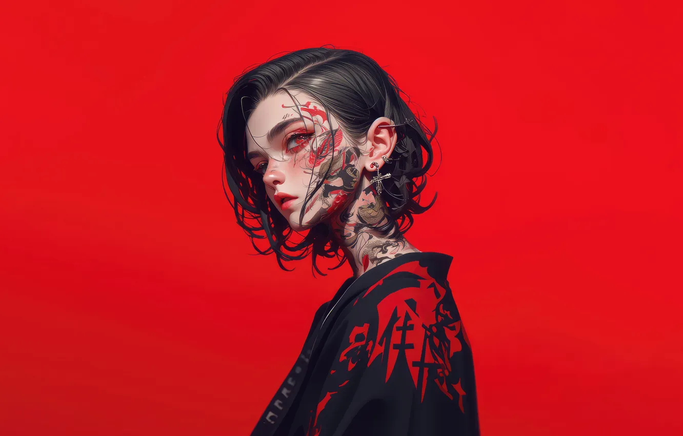 Фото обои Girl, Fantasy, Anime, Tattoo, Kimono, Black Hair, Red Background, Anime Girl