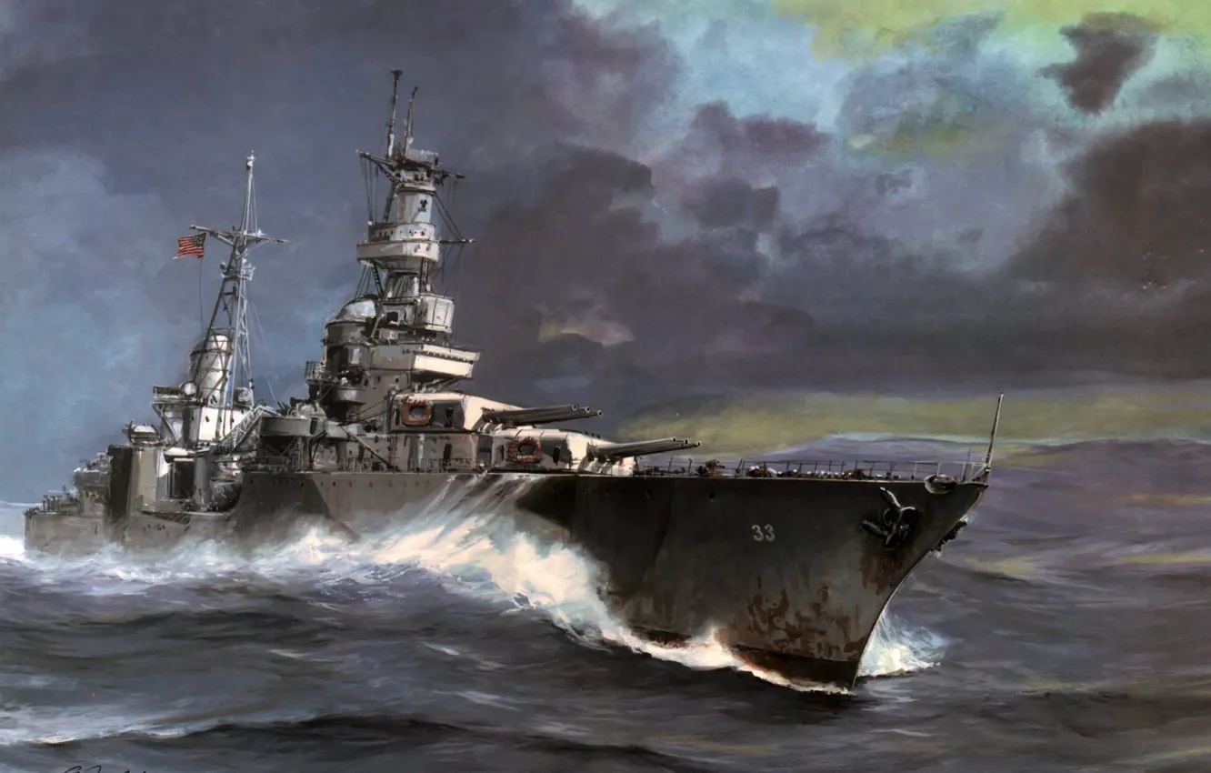 Фото обои море, волны, арт, США, Portland, крейсер, Вторая мировая война, тяжёлый
