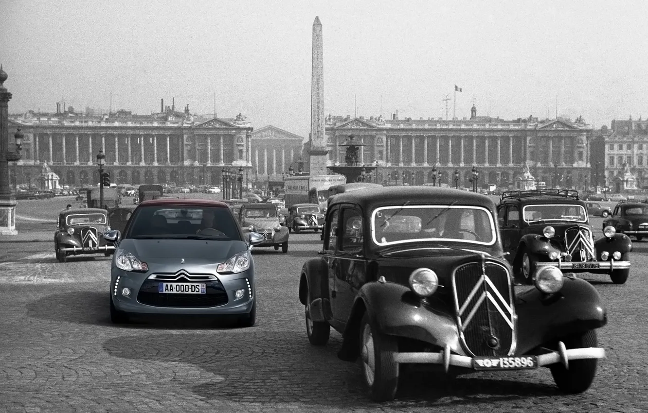 Фото обои старое фото, Citroën DS3, креативная идея, чёро-белое, новая обработка