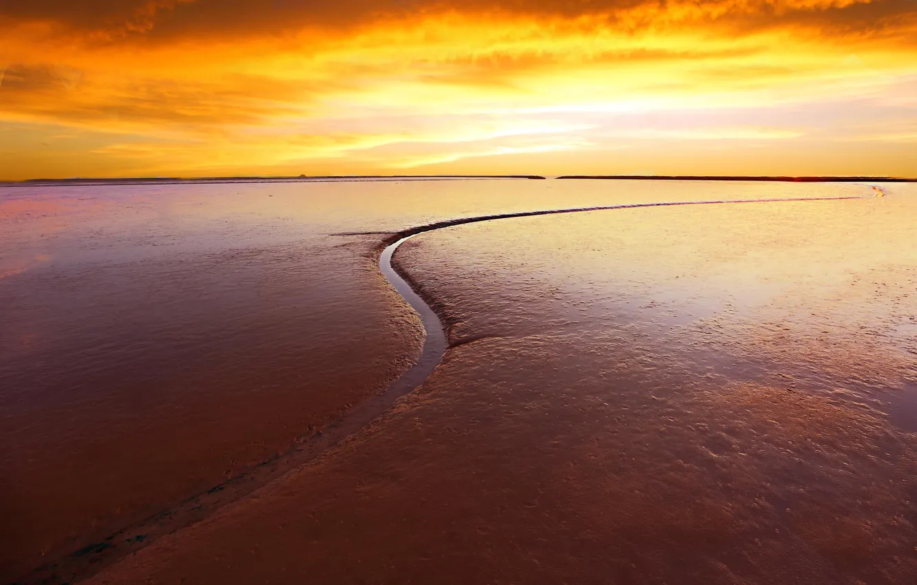 Фото обои песок, пляж, закат, ручей, горизонт