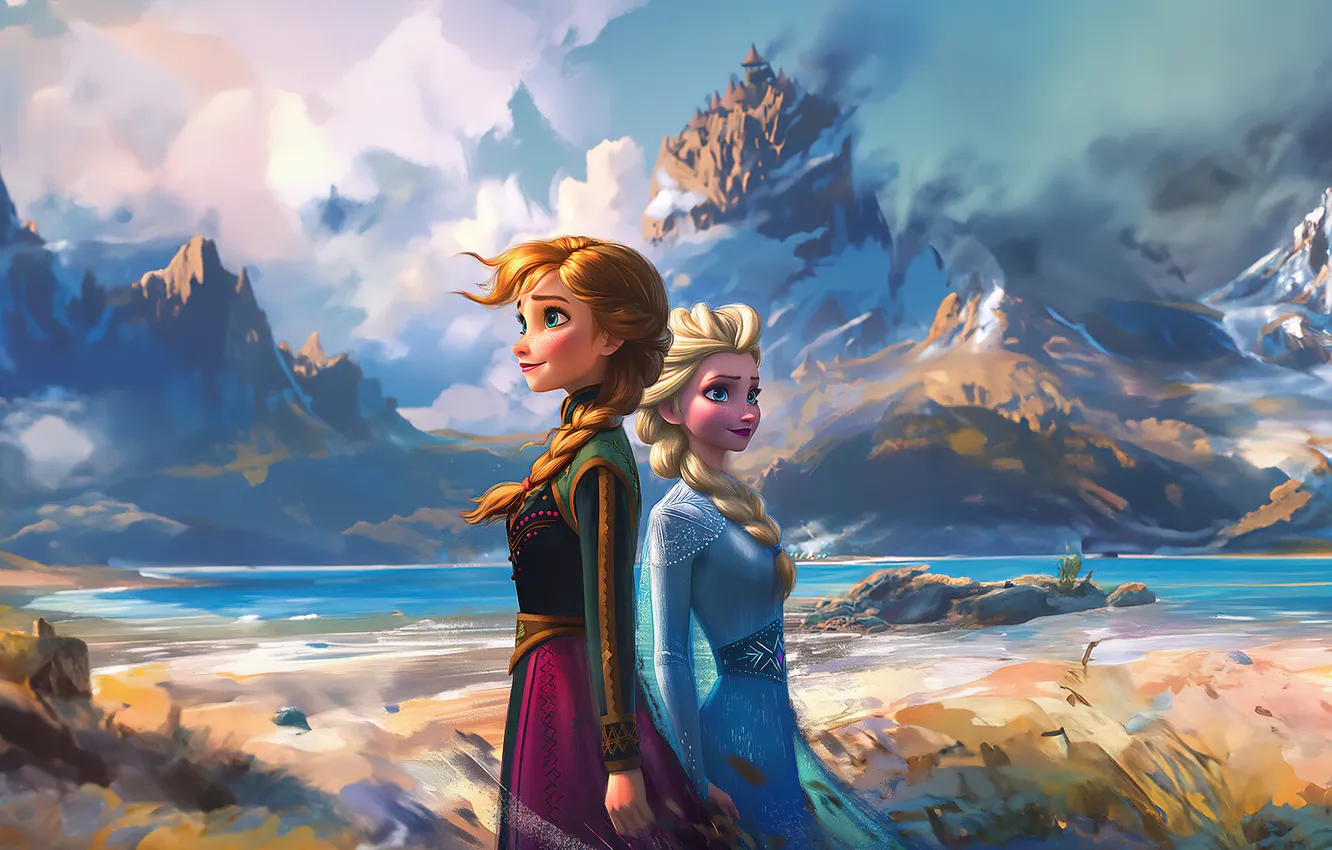 Фото обои Frozen, Movies, Anna, Artwork, Elsa, Sisters, AI art
