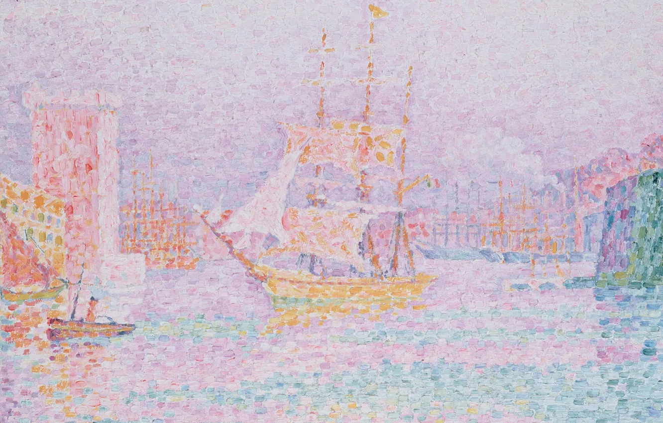 Фото обои корабль, картина, парус, Поль Синьяк, пуантилизм, Paul Signac, Гавань в Марселе