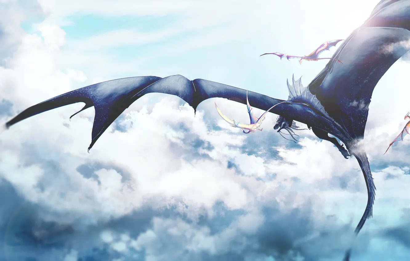 Фото обои облака, драконы, полёт