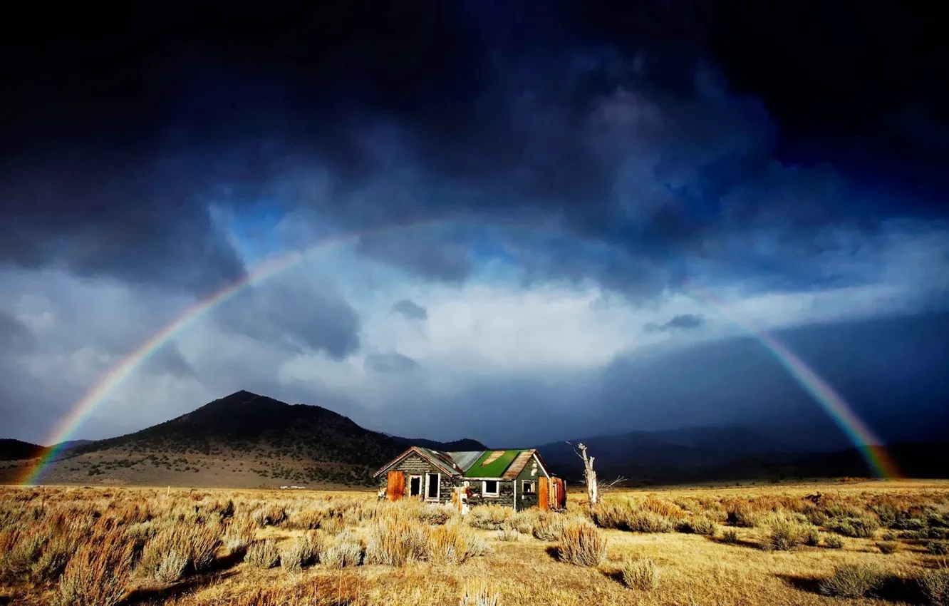 Фото обои Rainbow, house, grass, sky, landscape, mountains, clouds, abandoned