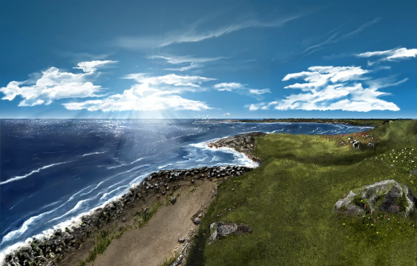 Фото обои море, трава, пена, облака, лучи, камни, ландшафт, берег