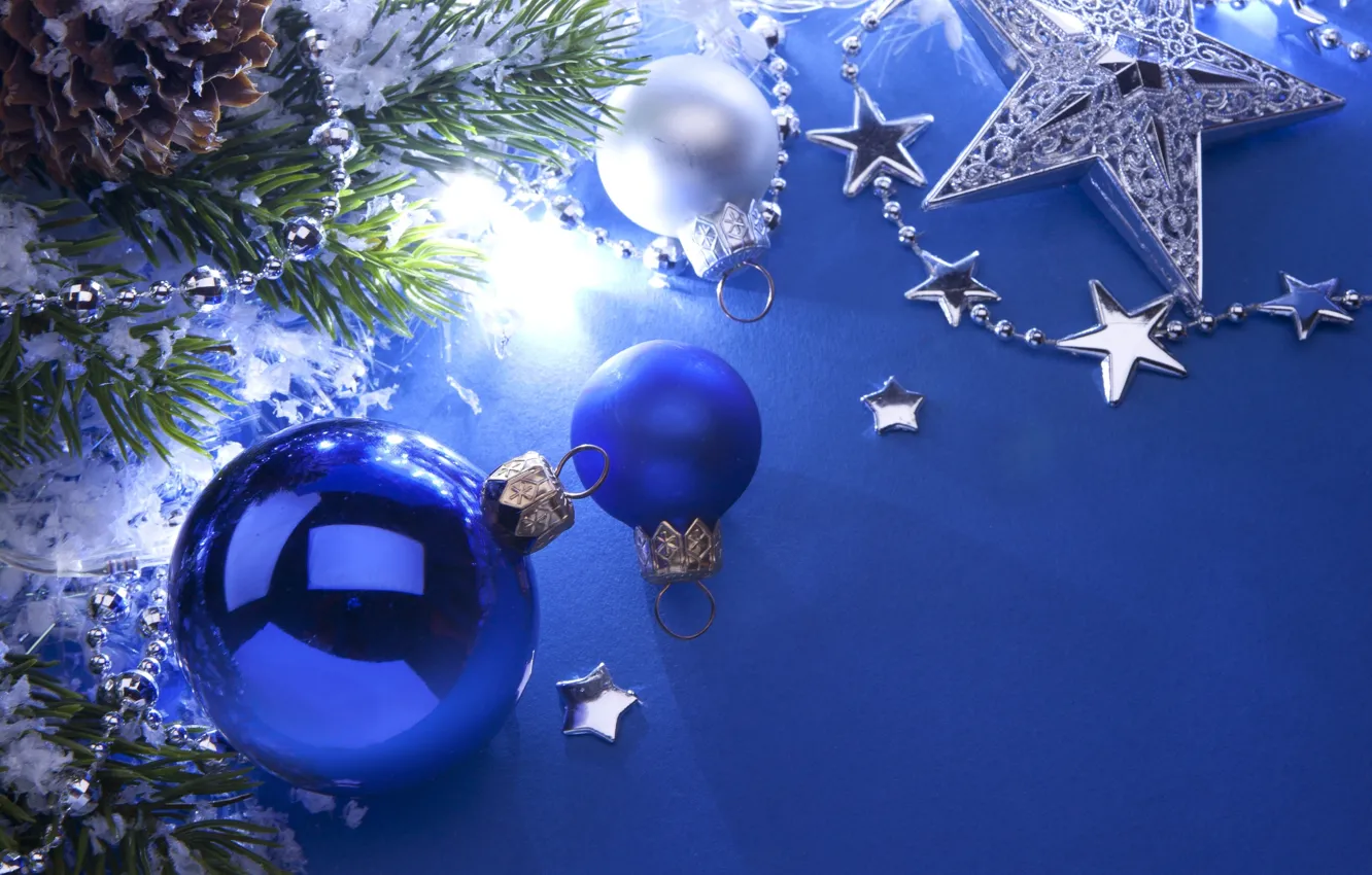 Фото обои звезды, шарики, ветки, шары, игрушки, елка, Новый Год, Рождество