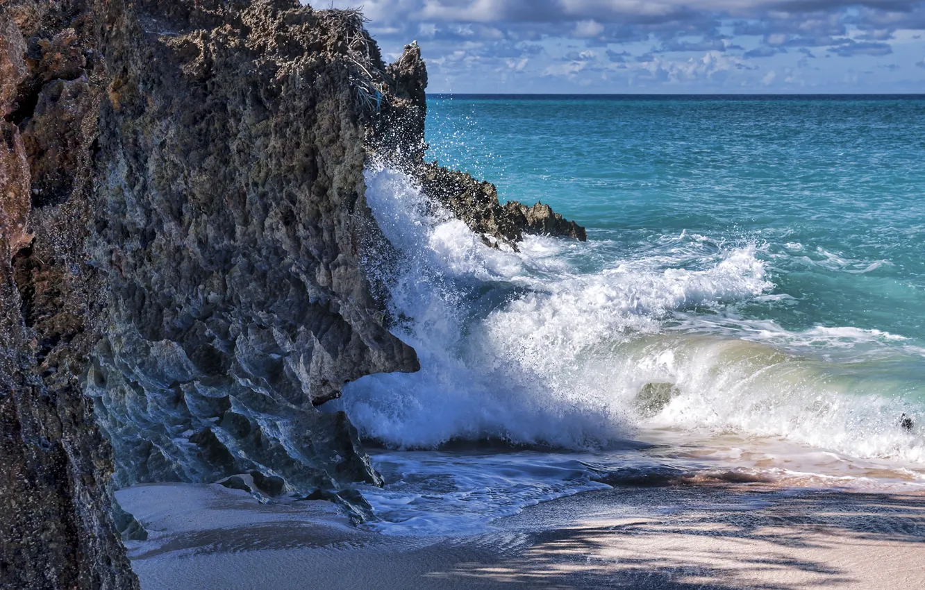 Фото обои песок, море, волны, пена, скалы