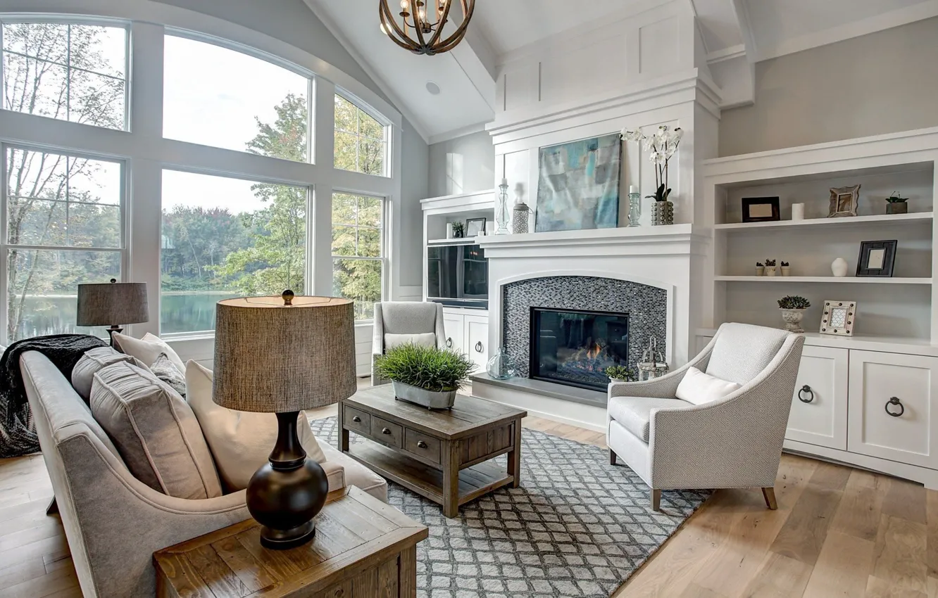 Фото обои уют, интерьер, камин, гостиная, coastal Farmhouse, vaulted ceiling