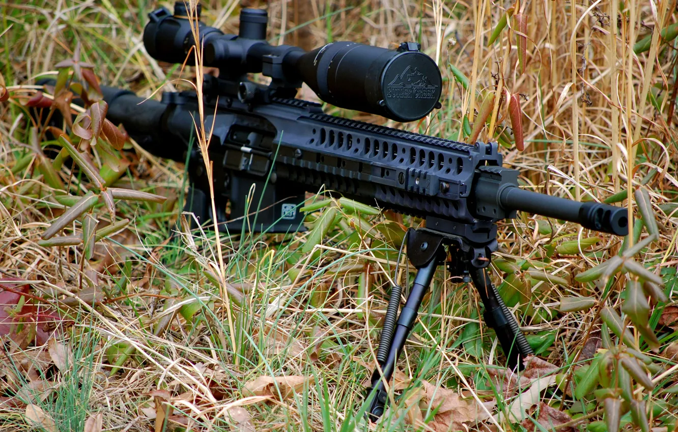 Фото обои трава, оружие, винтовка, автоматическая, сошка, ‎AR-10
