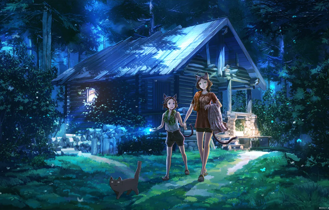 Фото обои лес, дети, дом, полотенце, фонарик, деревянный, сосны, черный кот