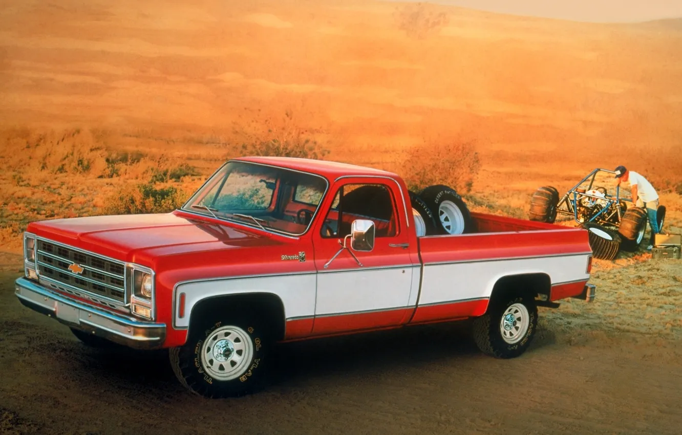 Фото обои фон, Chevrolet, Шевроле, пикап, передок, багги, 1979, Silverado