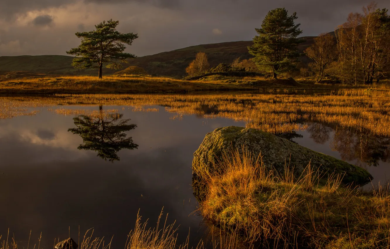 Фото обои осень, небо, деревья, тучи, озеро, камень, Англия