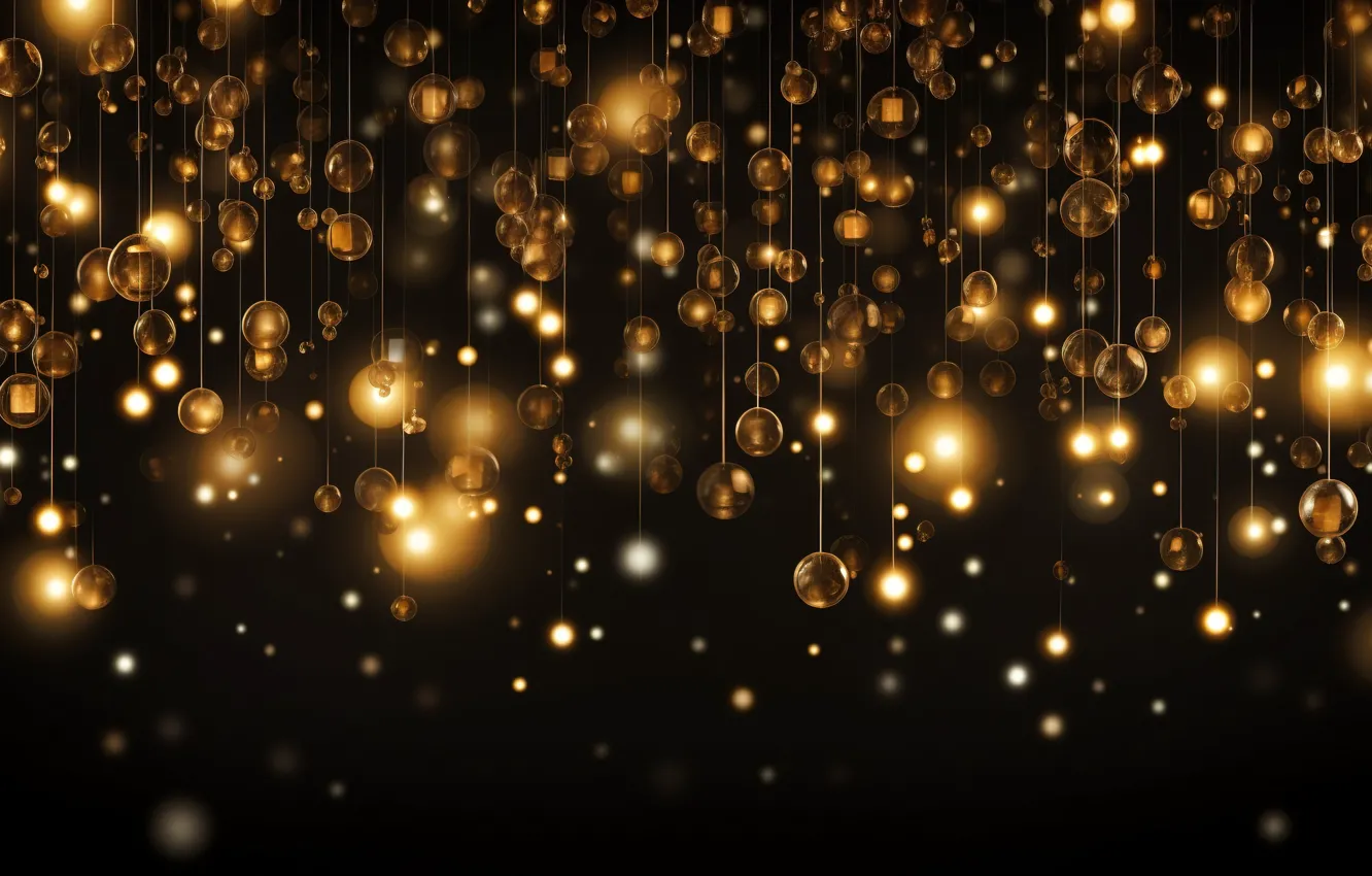 Фото обои украшения, lights, темный фон, шары, Новый Год, Рождество, golden, new year