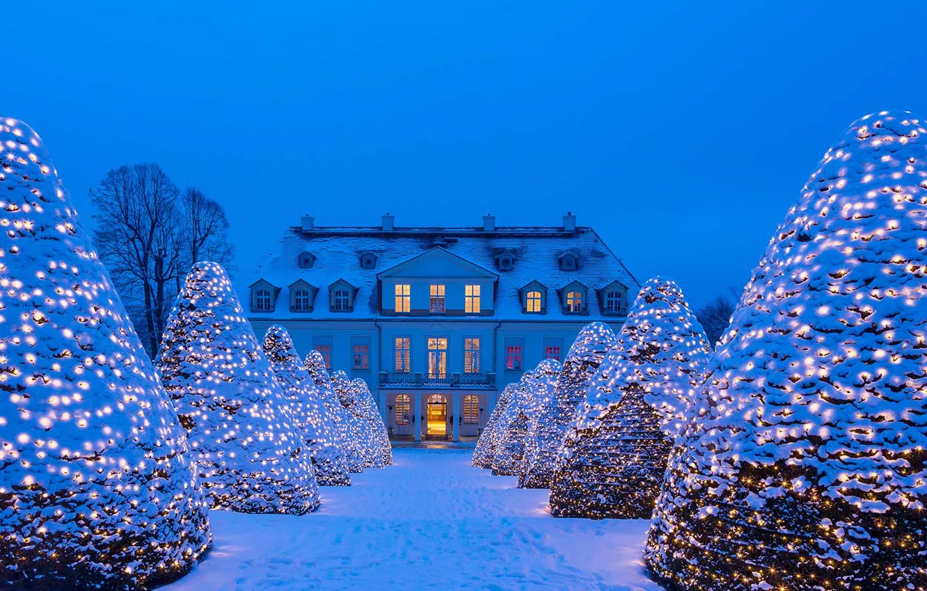 Фото обои зима, снег, огни, Германия, Рождество, украшение, Саксония, Нижний Лёсниц