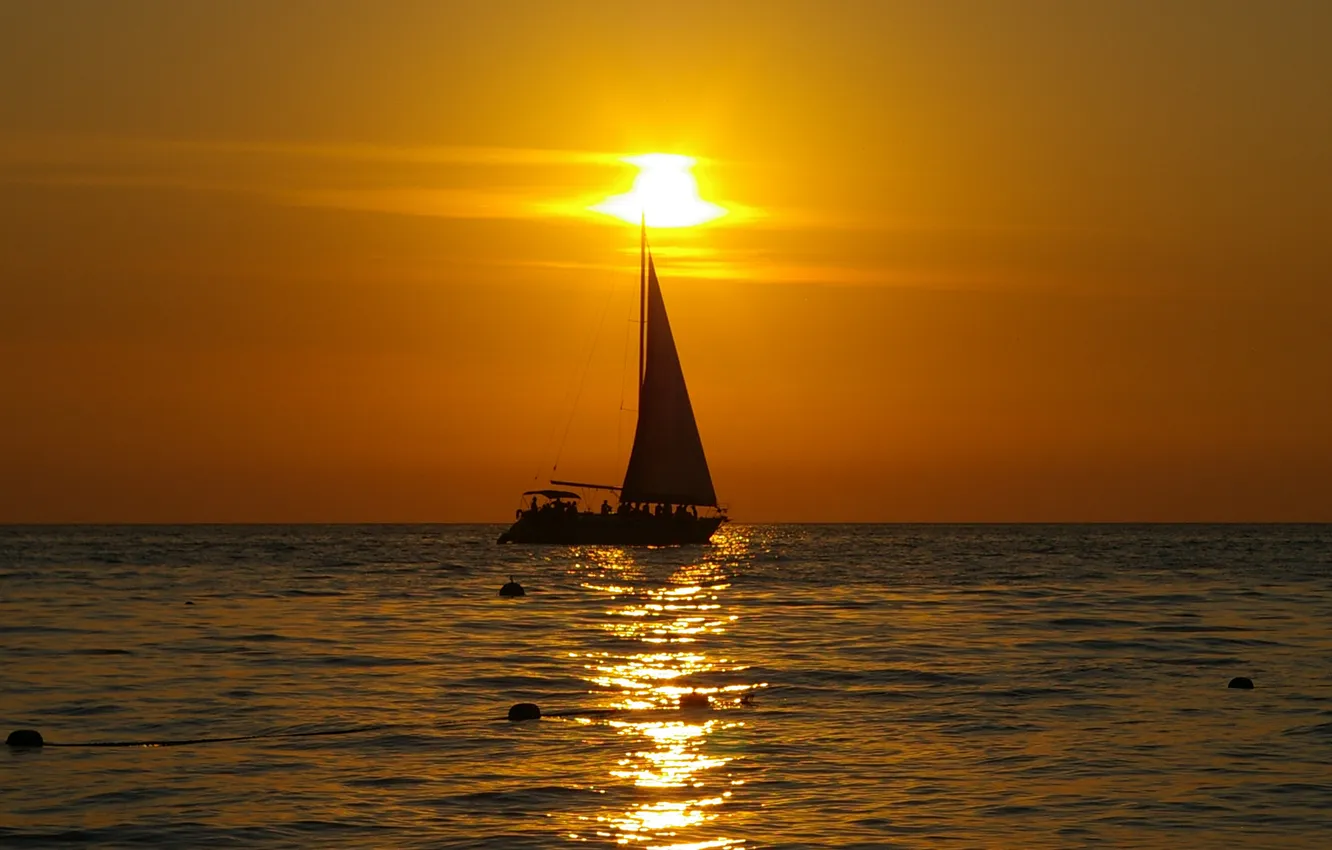Фото обои море, закат, рыбалка, яхта, парус