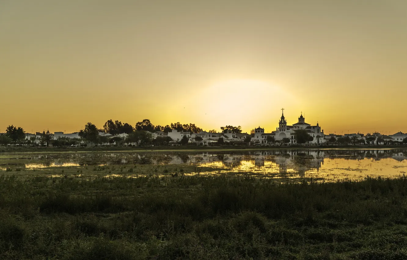 Фото обои пейзаж, город, река, утро