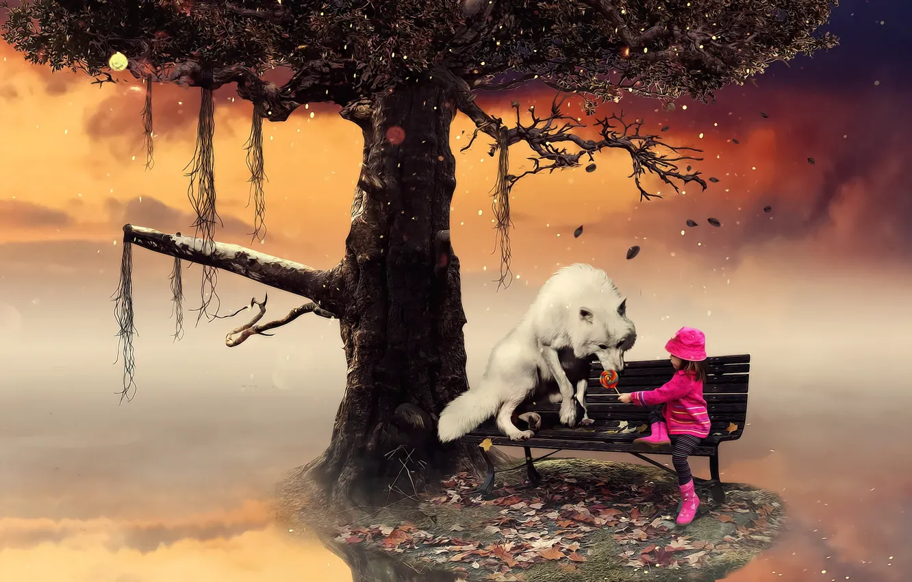 Фото обои волк, девочка, конфета