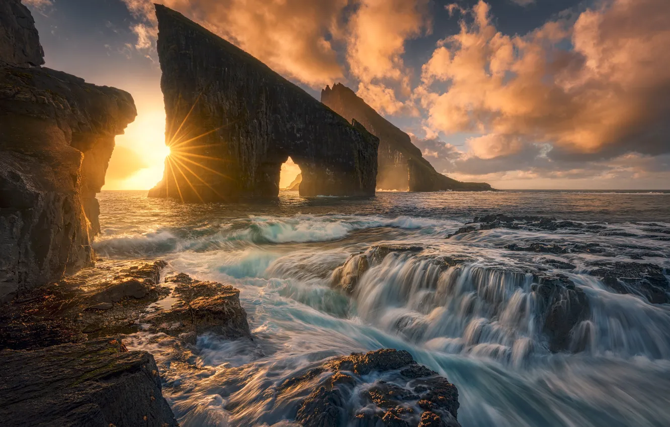 Фото обои закат, океан, скалы, Дания, Атлантический океан, Faroe Islands, Фарерские острова, Denmark