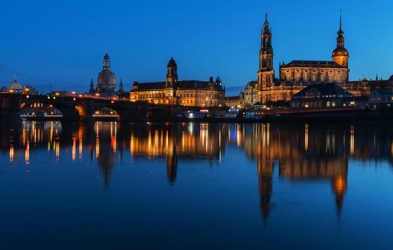 Фото обои небо, огни, отражение, Германия, Дрезден, зеркало, Эльба, Саксония