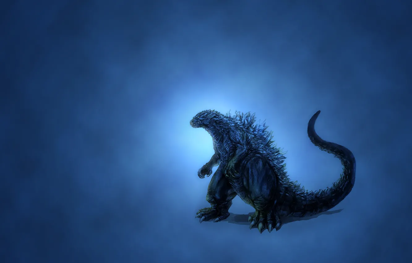 Фото обои динозавр, свечение, минимализм, синий фон, Godzilla, темноватый, годзилла