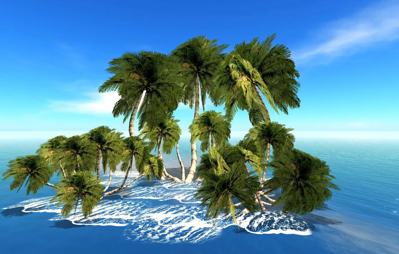 Фото обои море, небо, пальмы, рендеринг, остров