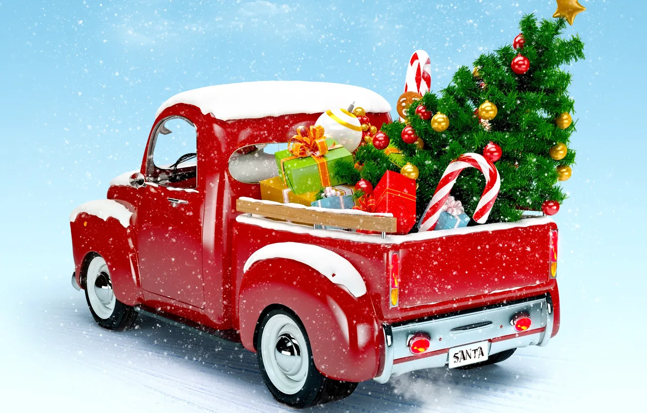 Фото обои елка, Новый Год, Рождество, грузовик, christmas, new year, winter, snow