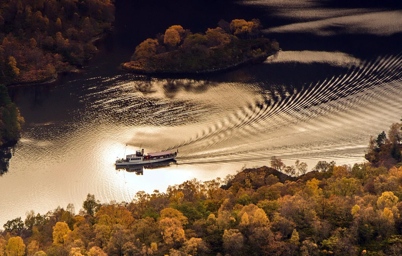Фото обои осень, река, корабль