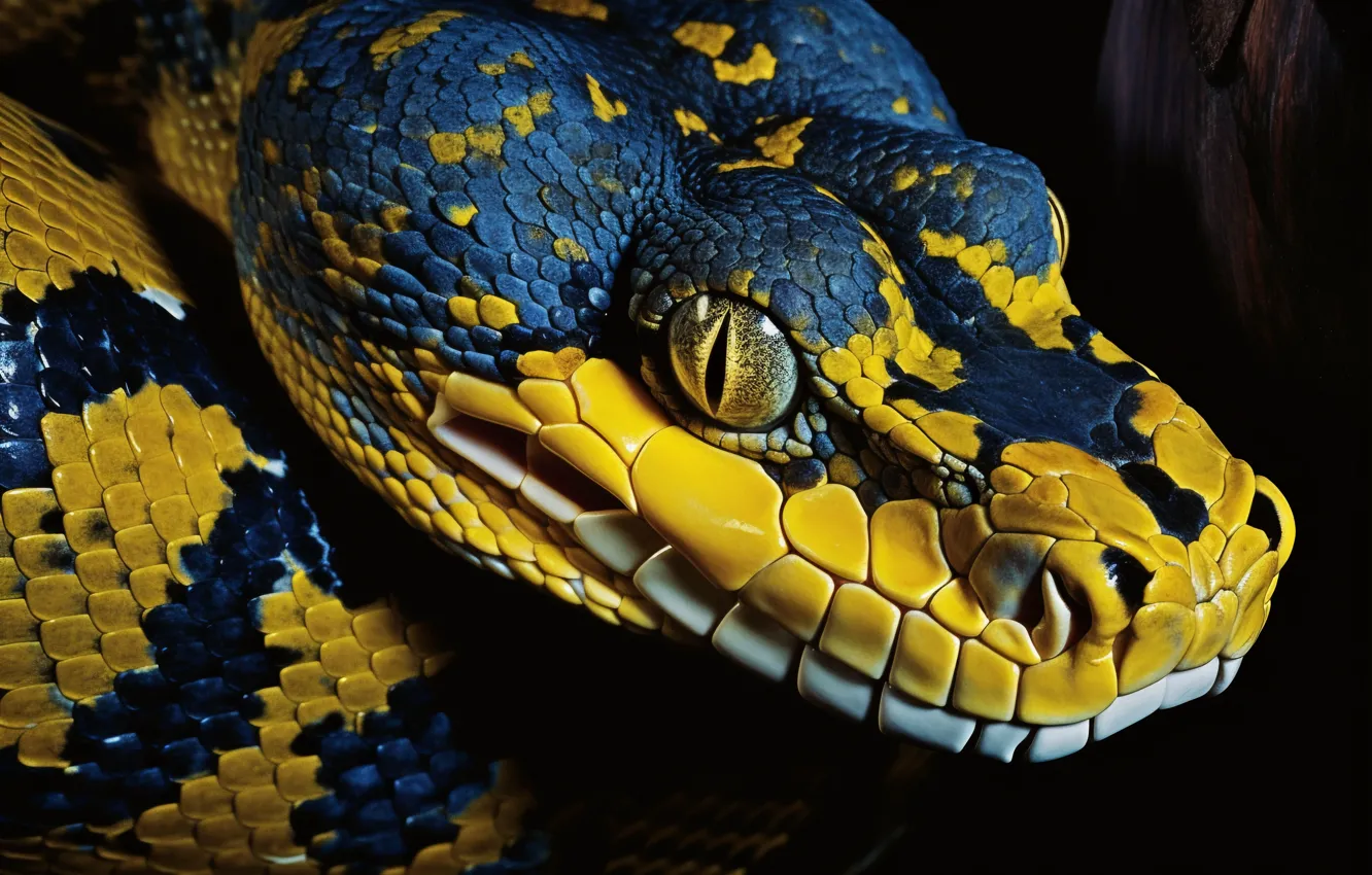 Фото обои Змея, Глаза, Морда, Питон, Рептилия, Темный фон, Животное, Цифровое искусство